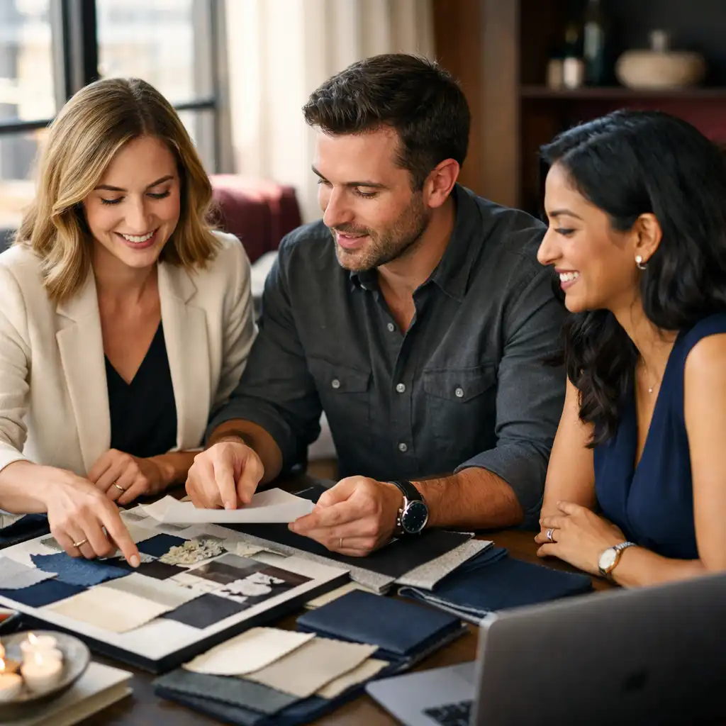 Event Moria team planning an event around a table with fabric samples and mood boards