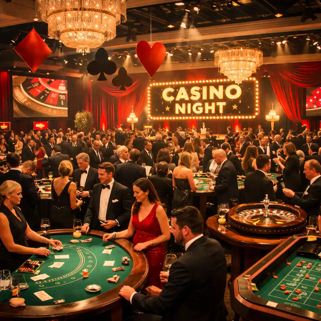Corporate gala with casino tables in a large ballroom