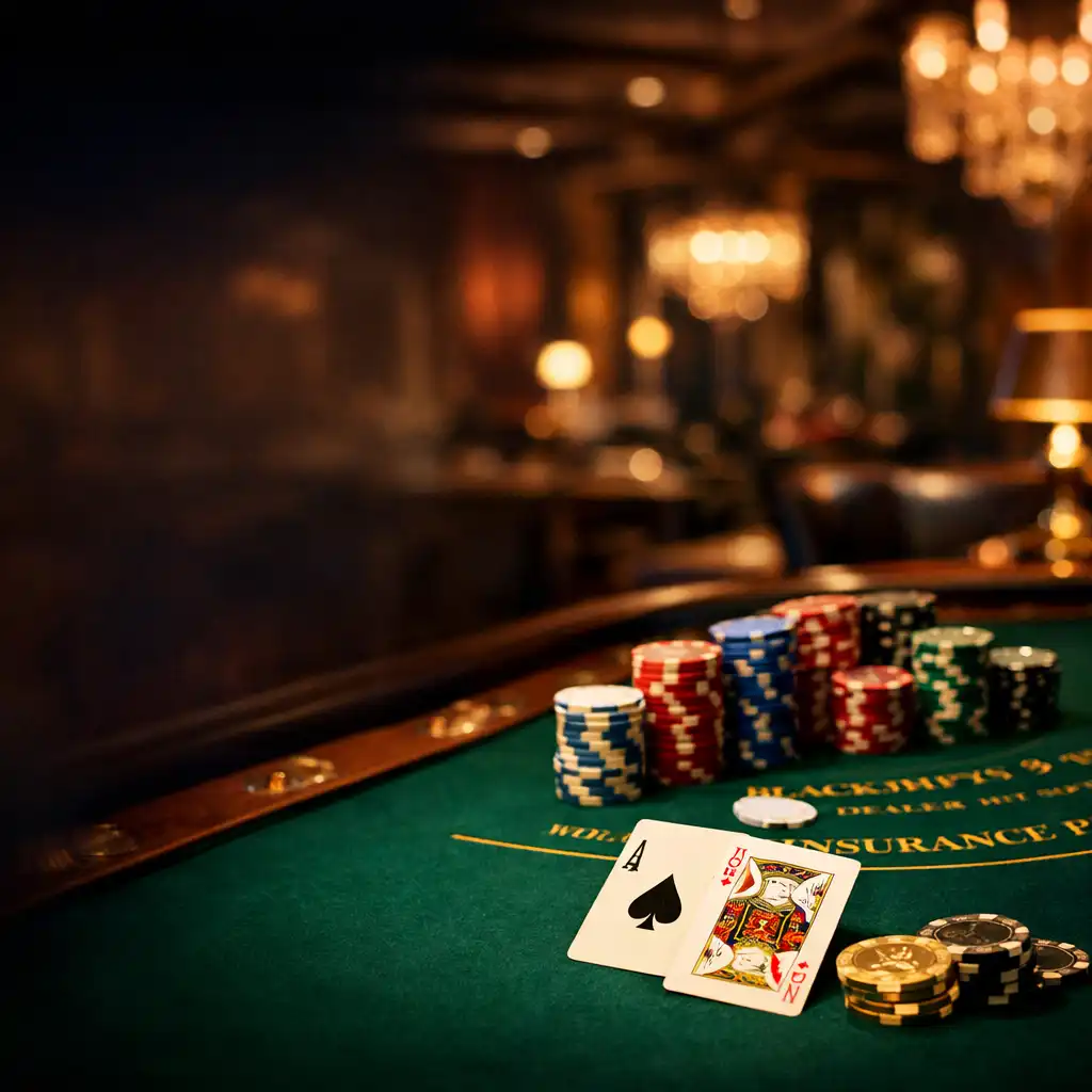 Elegant casino table with playing cards and chips in a dimly lit premium event space