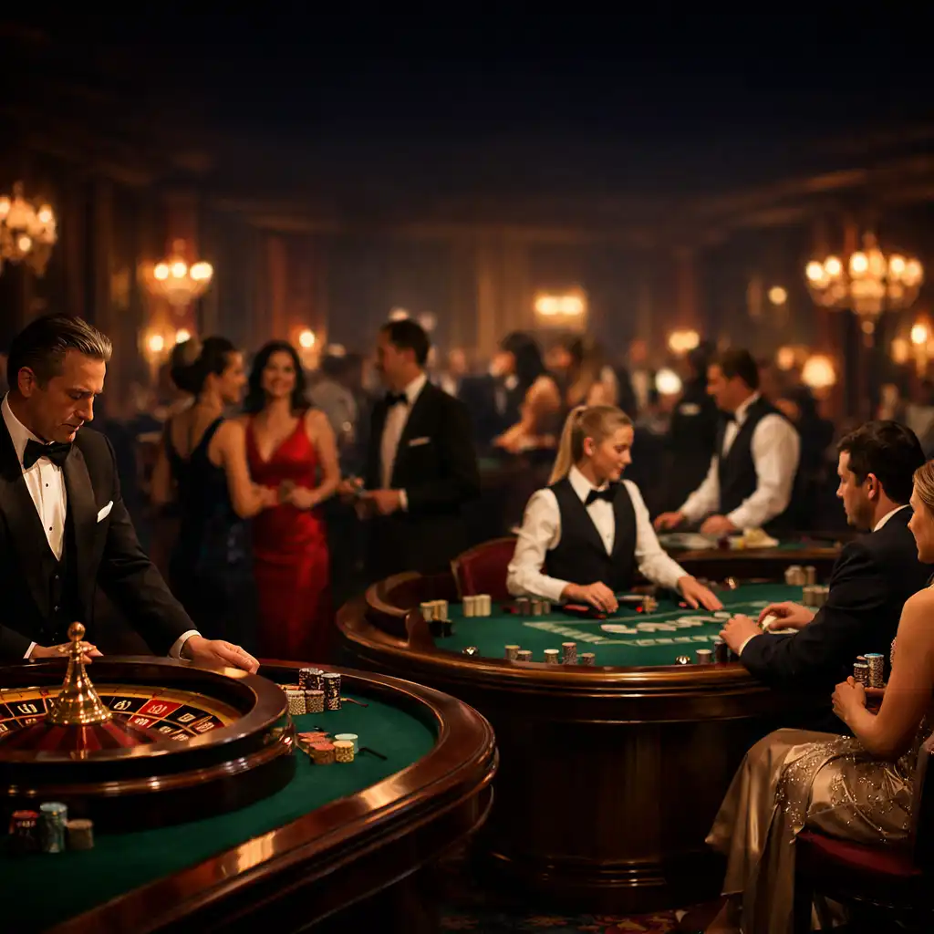 Elegant casino event scene with roulette and blackjack tables in a dimly lit ballroom