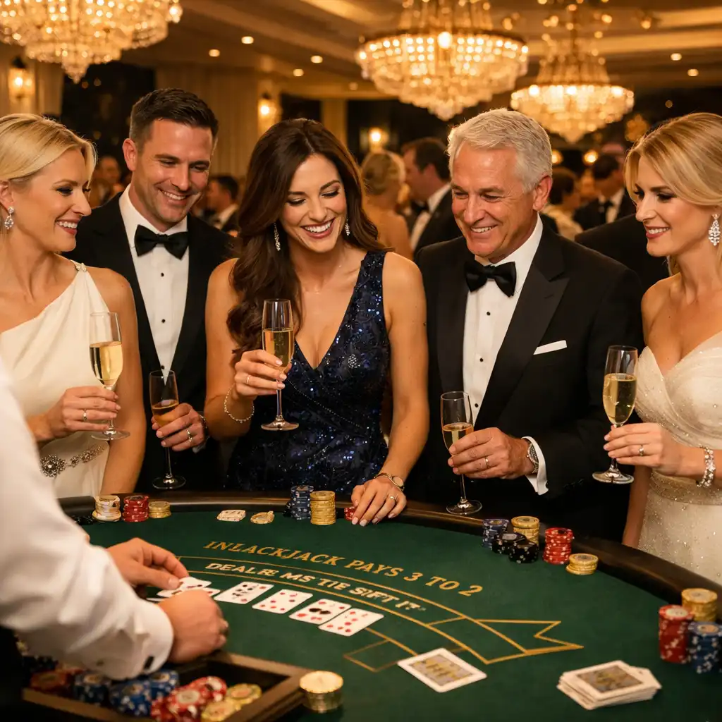 Guests in formal attire gathered around a blackjack table at a corporate gala