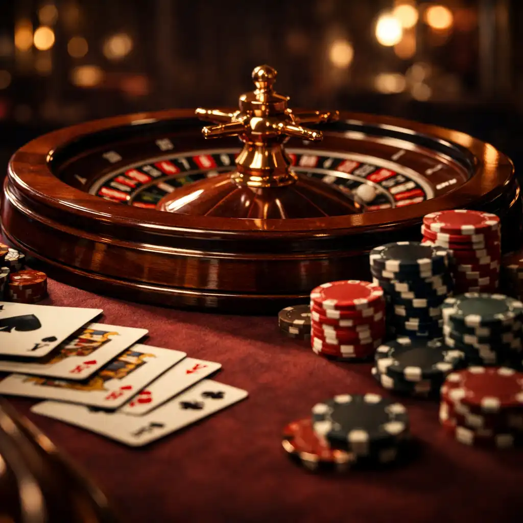 Elegant casino table with roulette wheel, playing cards, and stacks of chips under cinematic lighting