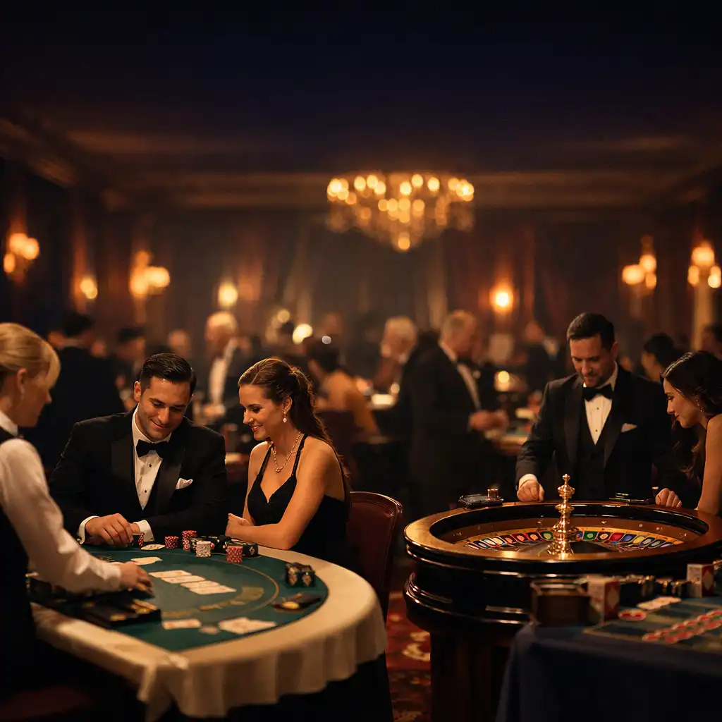 Luxurious casino-themed event setup in a grand ballroom with blackjack and roulette tables