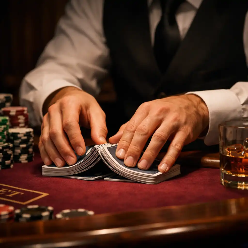 Professional casino dealer shuffling cards at a blackjack table with chips and elegant lighting