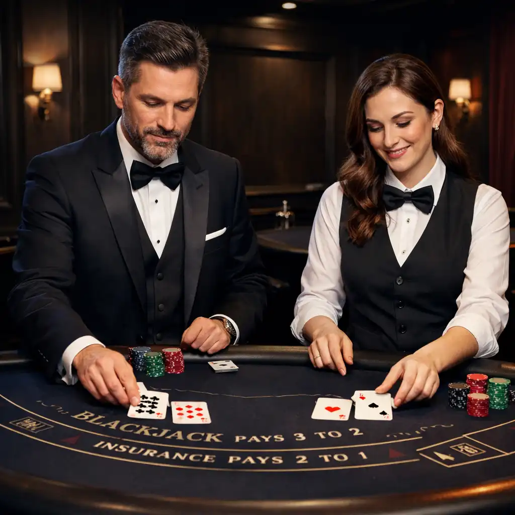 Professional blackjack dealers in formal attire dealing cards