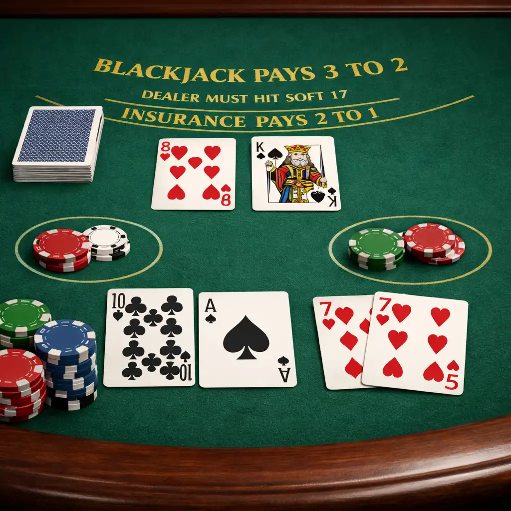 A blackjack table with cards dealt and chips stacked, seen from a player's perspective