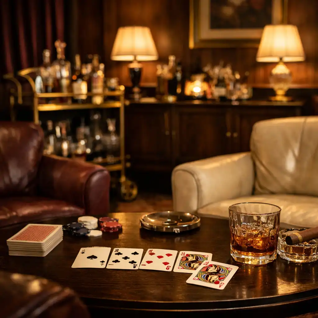 Elegant card lounge with leather chairs and vintage bar cart