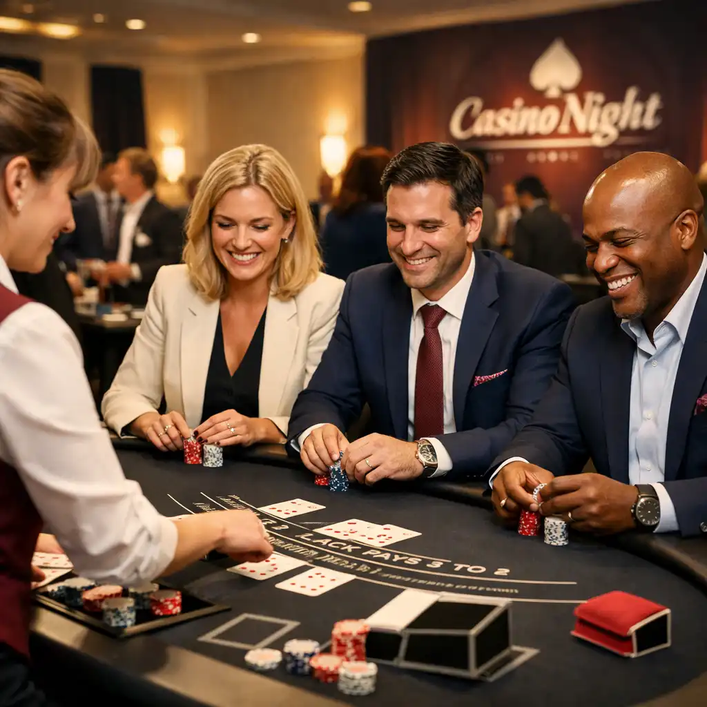 Professionals in business attire playing blackjack at a sleek table during a corporate casino night