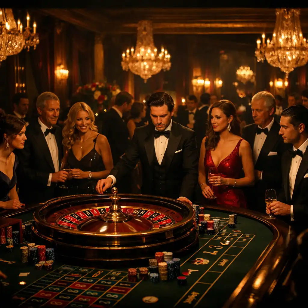 A luxurious casino-themed event in a grand ballroom with guests gathered around a roulette table under warm golden lighting