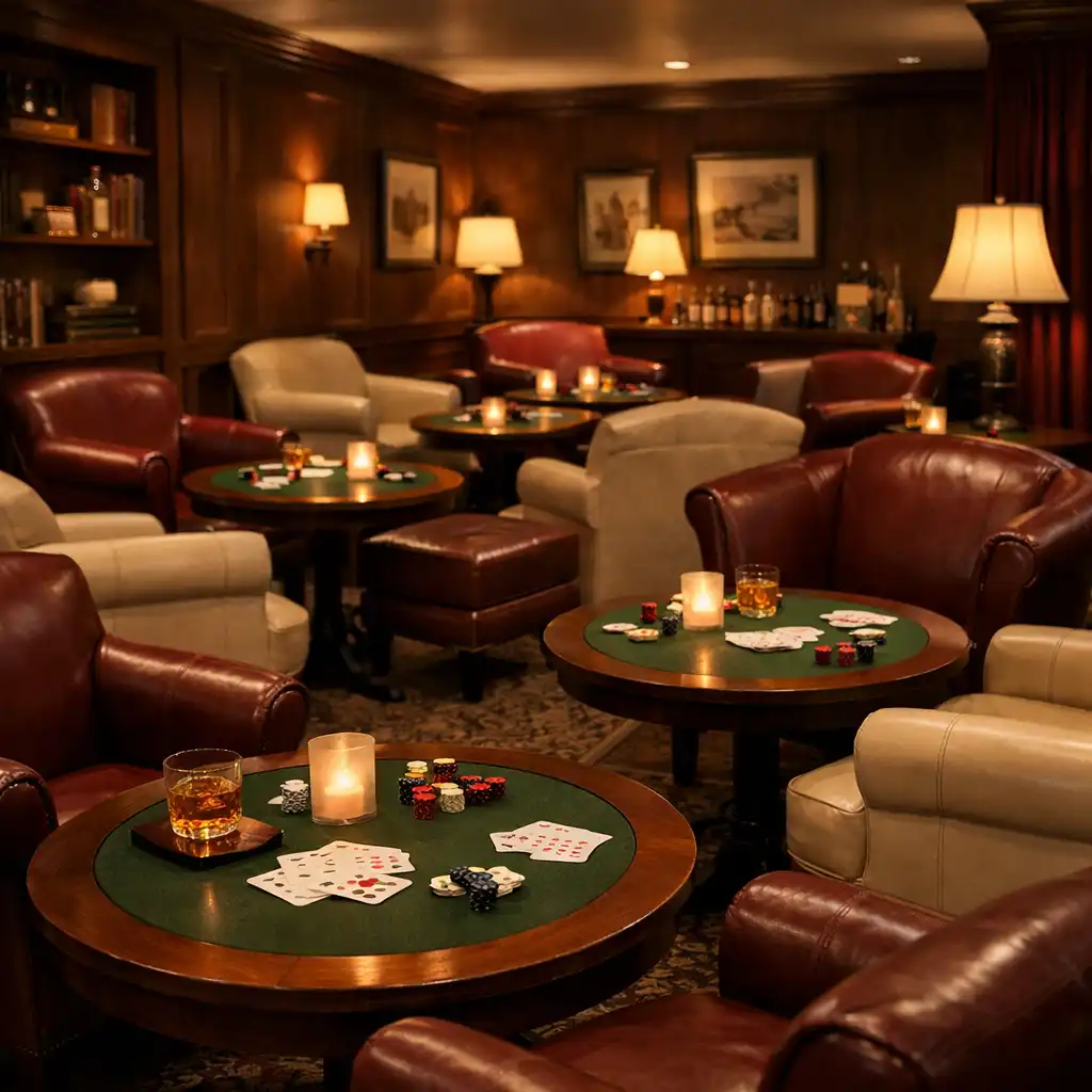 A relaxed card lounge area with comfortable leather chairs and small tables in a dimly lit room