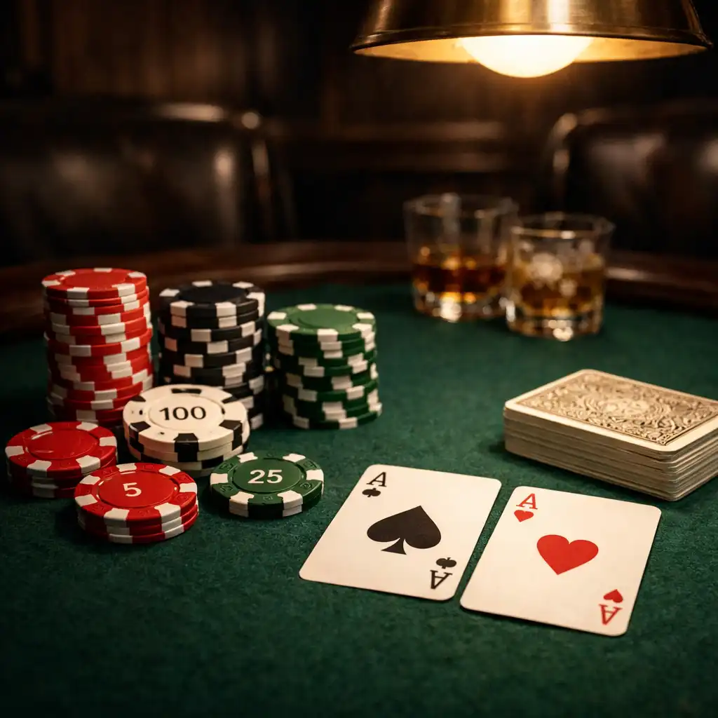 An intimate poker lounge with a dark wood table, green felt, and premium poker chips under moody lighting