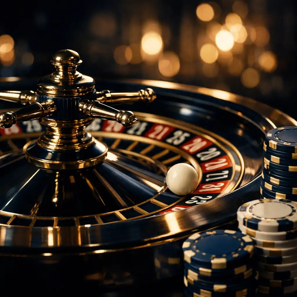 Close-up of a roulette wheel in motion with chips stacked nearby
