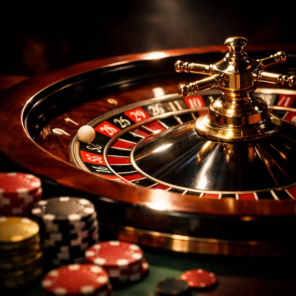 A close-up of a roulette wheel in motion with chips placed on the table under dramatic spotlight