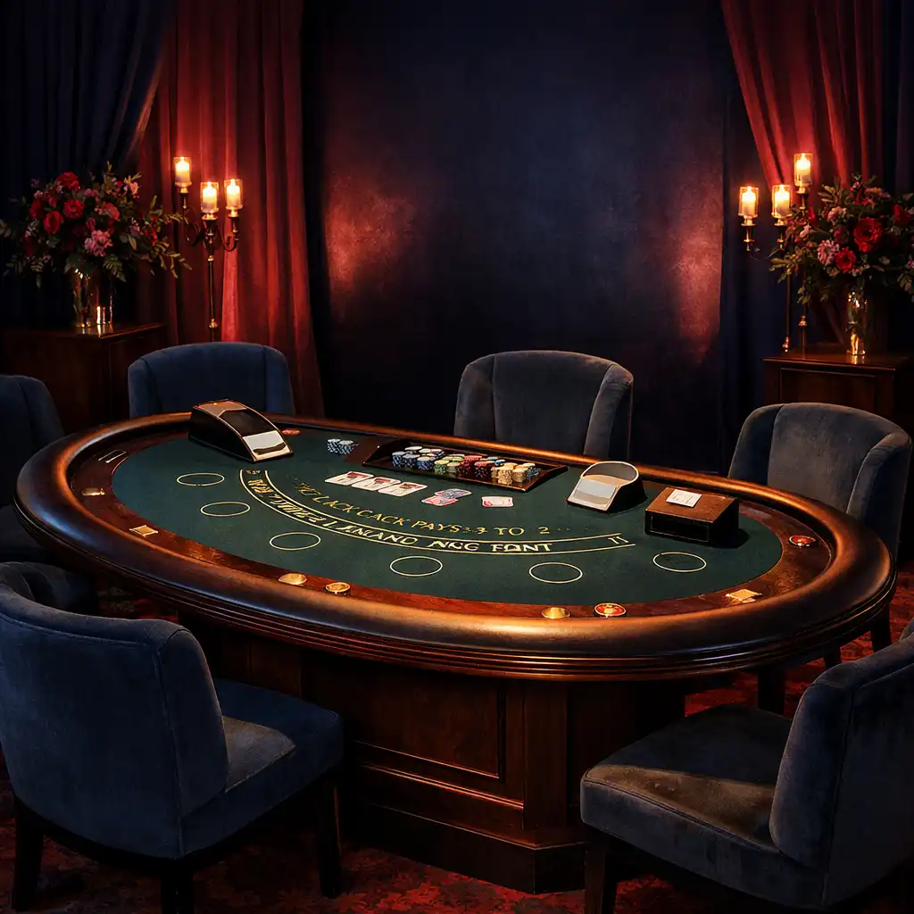 An elegant event setup with a blackjack table as the centerpiece, surrounded by plush chairs and dramatic uplighting