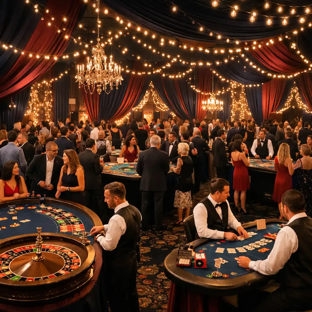 A large themed casino night event with multiple gaming tables, dramatic drapery, and ambient string lights