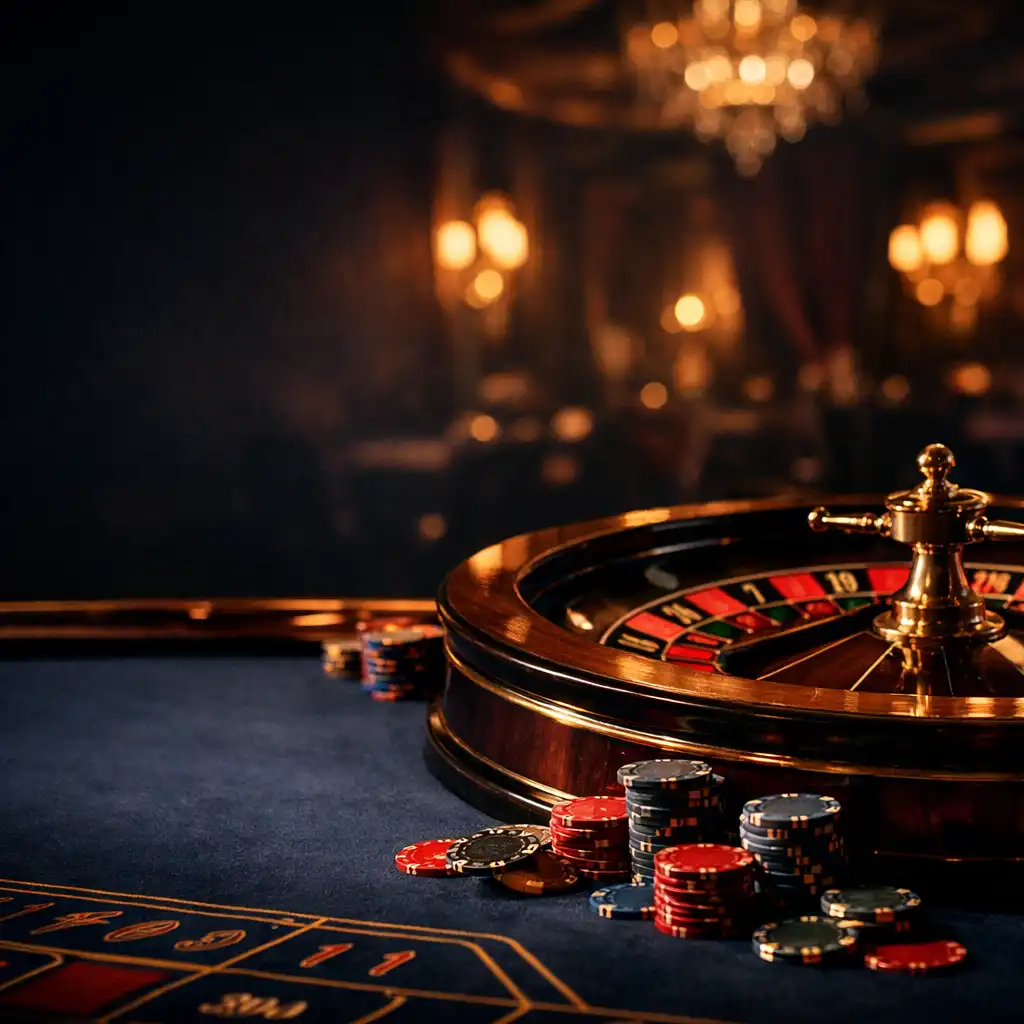 Luxurious casino table with roulette wheel and chips in an elegant ballroom