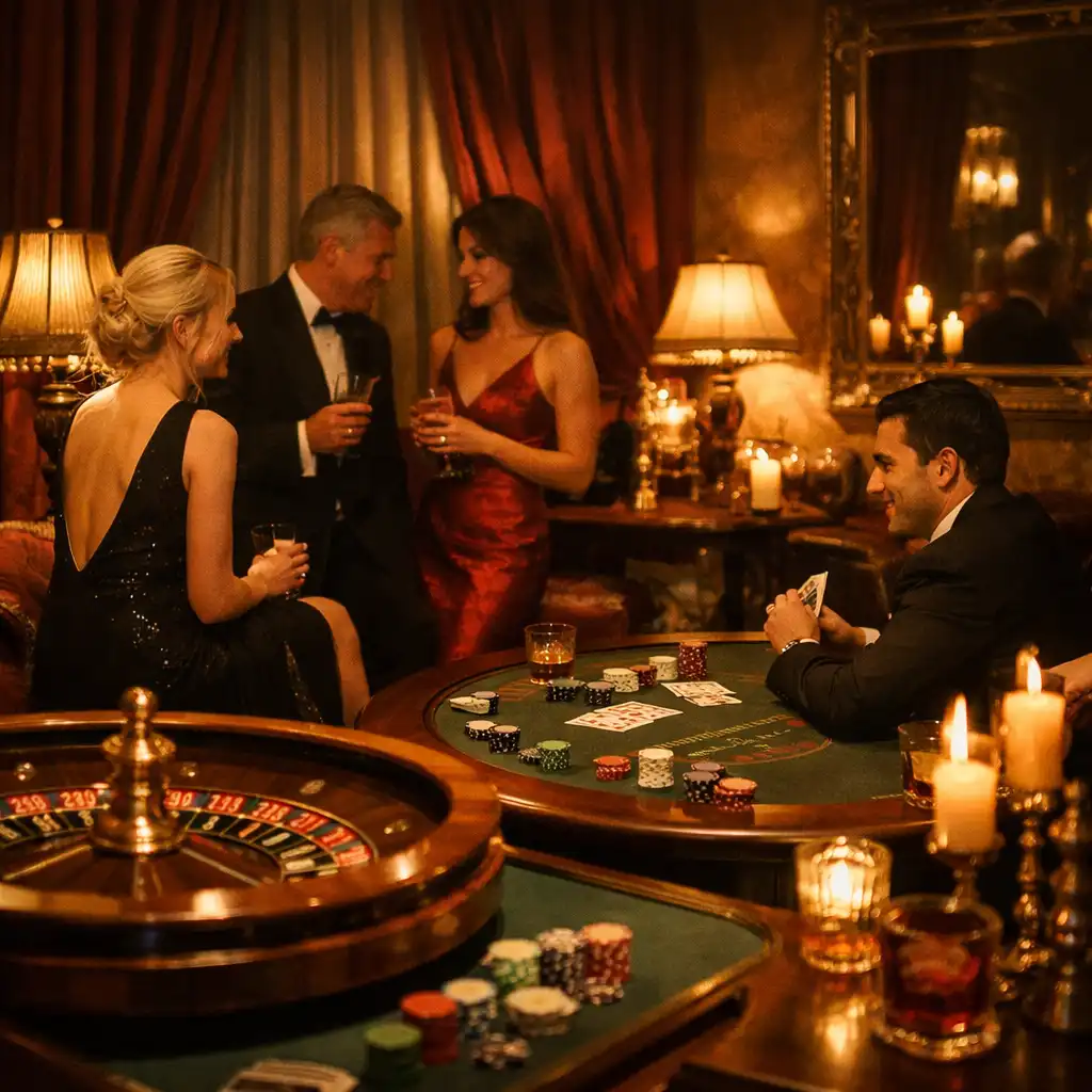 Intimate private party with vintage casino theme and roulette wheel