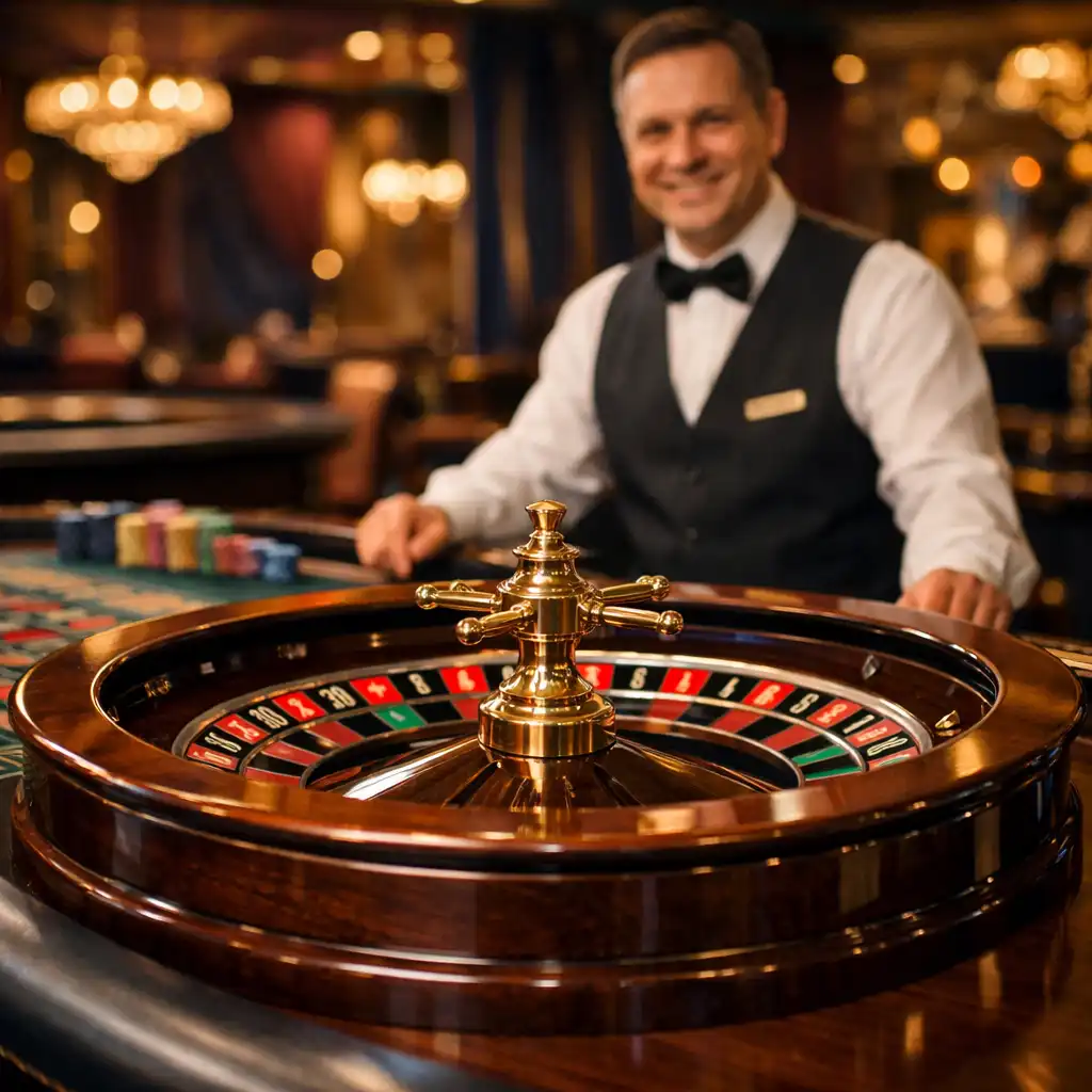 Professional roulette table with a dealer in a formal vest at a luxurious event venue