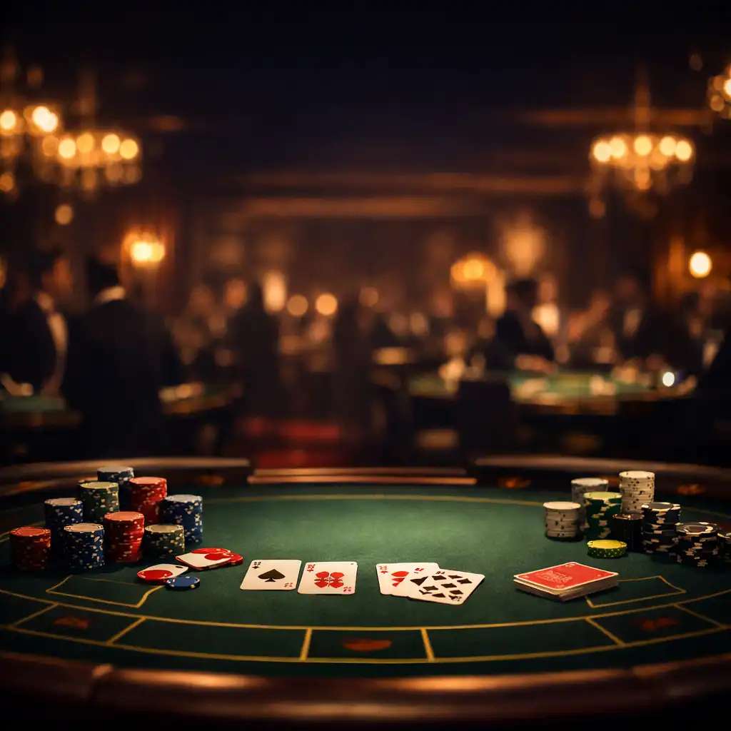 Elegant casino table with colorful chips and playing cards in a dimly lit upscale event space