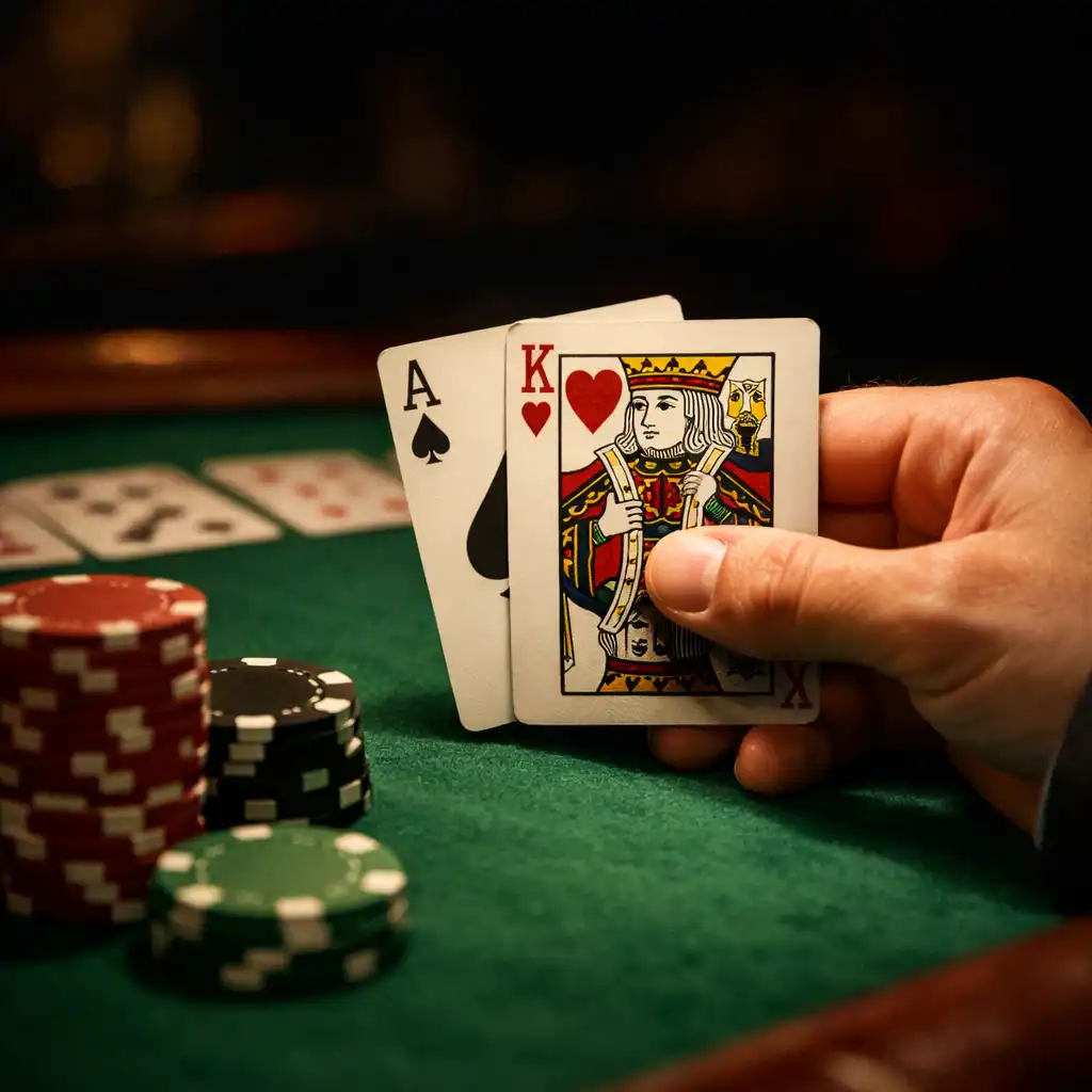 Close-up of a player's hands holding cards and a stack of chips at a poker table