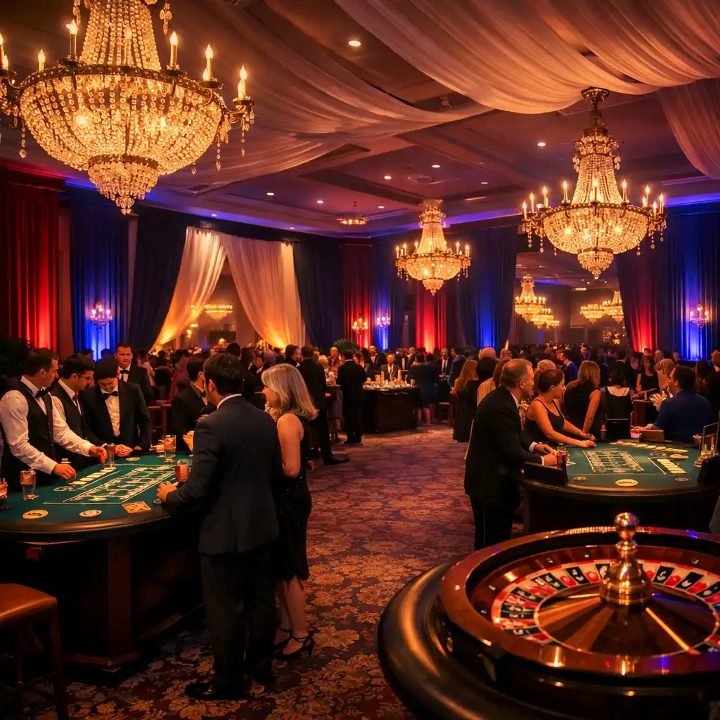 Wide-angle view of a transformed event venue with casino tables, elegant drapery, and ambient lighting