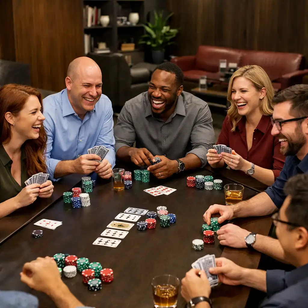 Professionals playing poker at a long table during a team building event